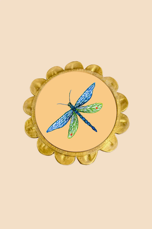 Blue Green Dragonfly with Ceramic Flower Petal Frame
