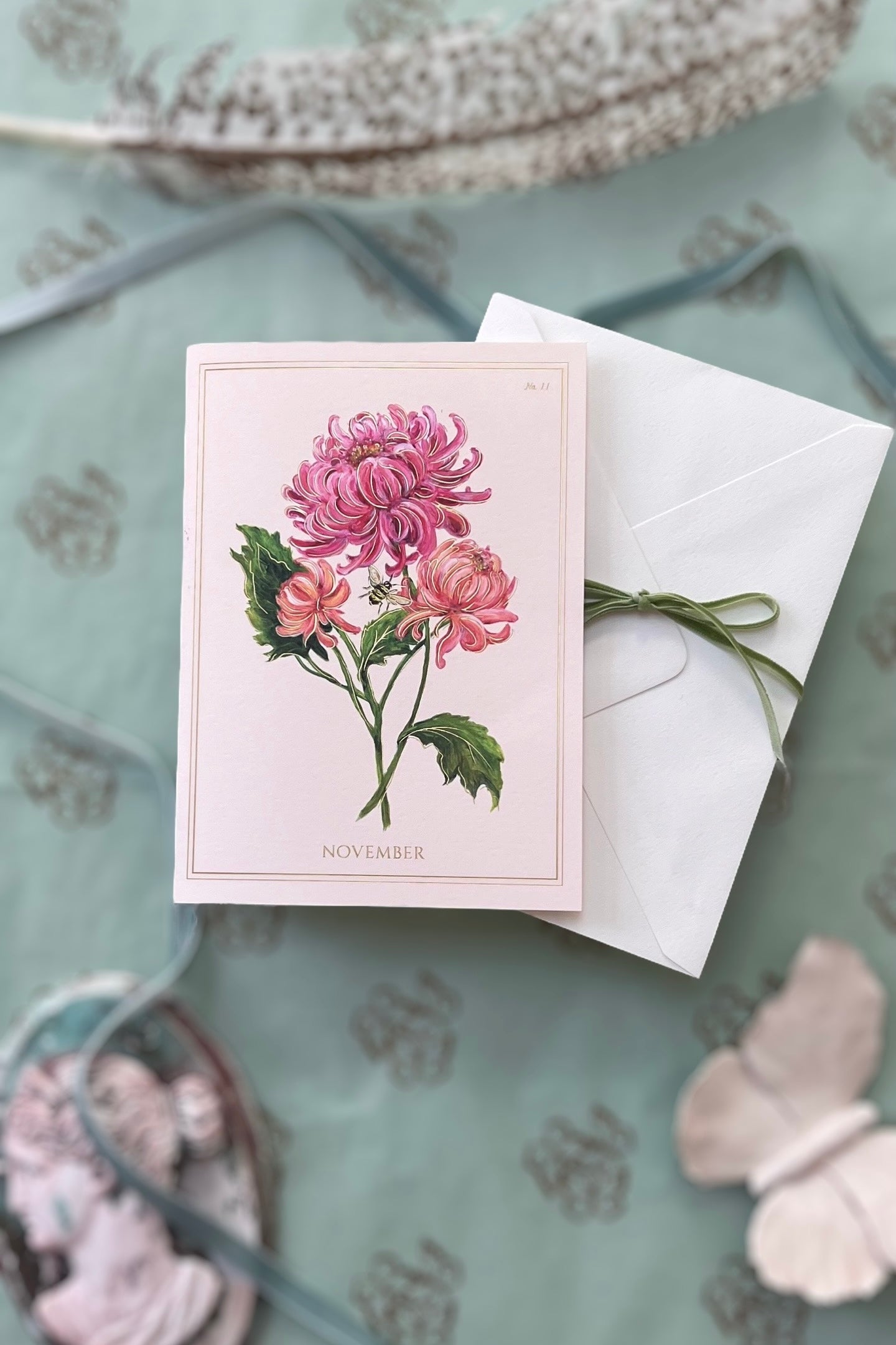 November | Chrysanthemum Card with Gold Foil